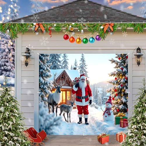 Couverture de porte de garage de Noël - Grande toile de fond à suspendre pour porte de garage - Cadeau d'arbre enneigé - Toile de fond de Noël - Décorations de vacances en plein air - 2,1 x 2,4 m
