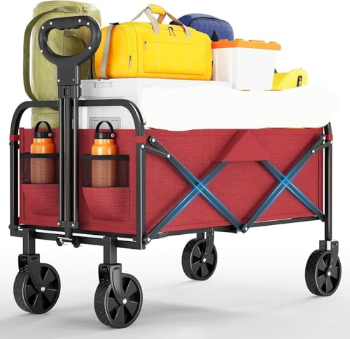 Bollerwagen Faltbar XL, Handwagen Max. Belastbar Bis 172Kg, Strandwagen Klappbar Transportwagen Mit 360°Drehbare Räder, Klappbarer Bollerwagen Für Camping, Einkauf, Garten, 73x46.5x89.5 cm, Rot