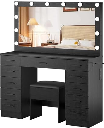 Panana Makeup Table Set with 11 Drawers, Vanity Desk with Large Mirror and Lights, Dressing Table with Storage Cushioned Stool, Power Outlet, 3 Lighting Modes for Bedroom Dressing Room (Black)