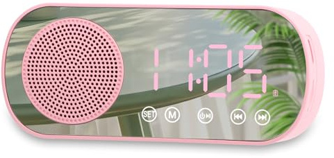 Synther Digital Alarm Clock, Pink Alarm Clock Radio with Bluetooth Speakers, Alarm Clocks Bedside with Led Display Fm Radio Digital Clock Portable Mirror Alarm with Dual Alarms