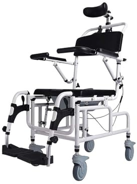 4 in 1 Bedside Commode Toilet Chair, Shower Commode Chair with Padded Seat, Flip-Up Arms, Foot Rests, Adjustable Tilt 45°,Multi-Function with Potty Bath Wheelchair for Seniors