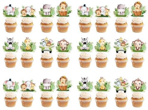 24 Stück Dschungel Safari Muffin Deko, Niedliche Tier Cupcake Topper für Kindergeburtstag, Kuchendeko mit Löwe, Elefant, Affe für Babyparty, Waldtiere Party Dekoration (8 Designs)