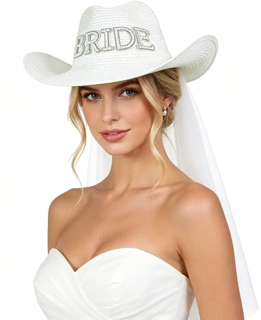 Bride Western Cowboyhut mit Schleier für Braut Damen Vintage Perlen-Deko Sonnenhut aus Stroh klassisch Cowgirl Accessoires Weiß & Breitkrempe Für Outdoor Hochzeit Feiern Party JGA Karneval Mottoparty