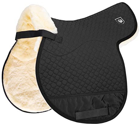 Werner Christ ® Satteldecke Spezial S mit komplett Lammfell im Sitzbereich und Befestigung durch Klettstrupfen, in Schwarz Natur und Größe Warmblut