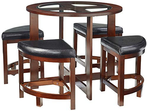 Roundhill Furniture Cylina Mesa de Comedor Redonda de Madera Maciza con Parte Superior de Cristal y 4 sillas