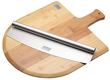 KitchenCraft World of Flavours Wooden Pizza Board and Mezzaluna Pizza Cutter Set, Brown