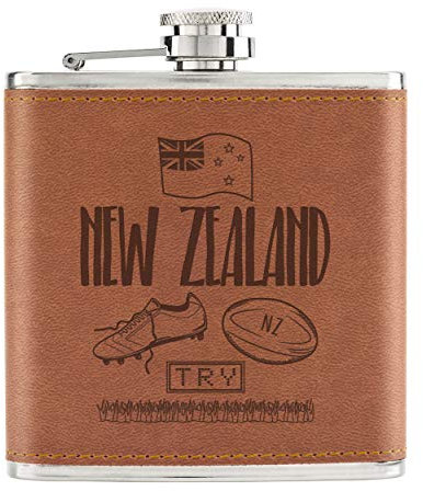Rugby New Zealand 6oz PU Leather Hip Flask Tan