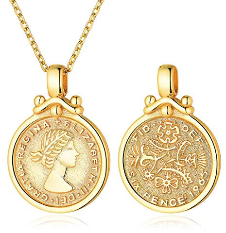 ChicSilver Queen Elizabeth Sixpence Halskette 18K Gold plattiert Münze Disc Anhänger mit Kette Minimal Medaillon Schmuck böhmischen…