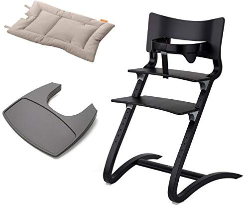 Leander Stuhl schwarz lackiert - Hochstuhl - Kinderstuhl - Erwachsenenstuhl mit Babybügel + Tablett grau + Kissen cappuccino
