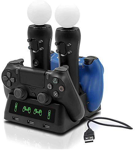 Tihokile PS4 Controller Ladestation Mit LED Anzeige und 3 Front USB Ports - 4 in 1 für PS4/Pro/PS4 Slim/VR Move Motion Controller