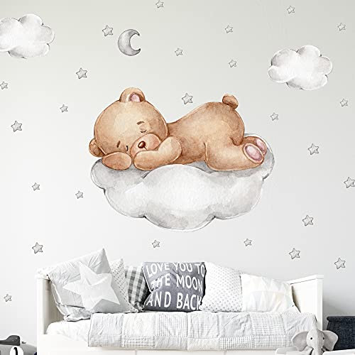 WANDKIND Bär auf der Wolke Wandtattoo V267 | handgezeichnet | AUFKLEBER Kindergarten | Wandsticker Kinderzimmer Deko Teddybär mit Sterne Teddy (75 x 75 cm)