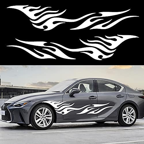 TOMALL 2 Stück 80 Zoll Flamme Grafik Karosserie Seite Aufkleber Flamme Racing Sport Streifen Aufkleber für Auto Universal Vinyl Wasserdichte Aufkleber Dekoration Zubehör für Auto LKW SUV ATVs (Weiß)
