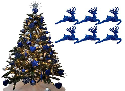 Simply Products Pack of 6 - Hanging Glitter Reindeer Christmas Tree Decorations - 2.2cm x 9.5cm (Royal Blue)