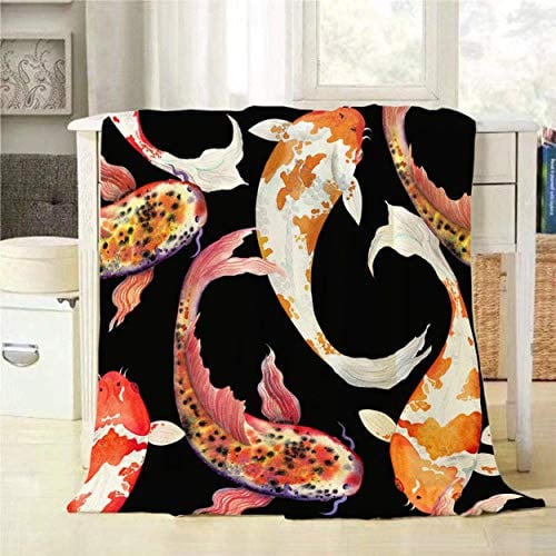 Abaysto Flanell-Überwurfdecke, Aquarell, japanischer Fisch, Karpfen, Koi, nahtloses Muster, Schwimmen, weiche, flauschige Decke für Bett, Sofa, Couch, tolles Geschenk für Weihnachten, 152,4 x 203,2 cm