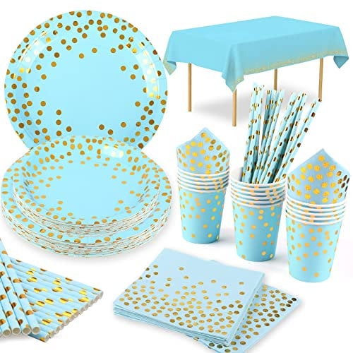 16 Invités Assiette Jetable Bleue et Or Assiette Carton Bleu Serviettes Gobelet Paille Nappe pour Fête Anniversaire Baby Shower Garçon Douche Nuptiale Engagement Point D‘Or Vaisselle Jetable Bleue