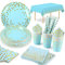 16 Invités Assiette Jetable Bleue et Or Assiette Carton Bleu Serviettes Gobelet Paille Nappe pour Fête Anniversaire Baby Shower Garçon Douche Nuptiale Engagement Point D‘Or Vaisselle Jetable Bleue