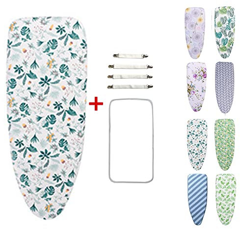 Highdi Ironing Board Cover, Personalised Printing Easy-Fit Replacement Ironing Cover for Steam Irons, Ironing Board Cover with 4 x Clips 1x Protective Scorch Mesh Cloth (Green Leaves,53 * 22?)