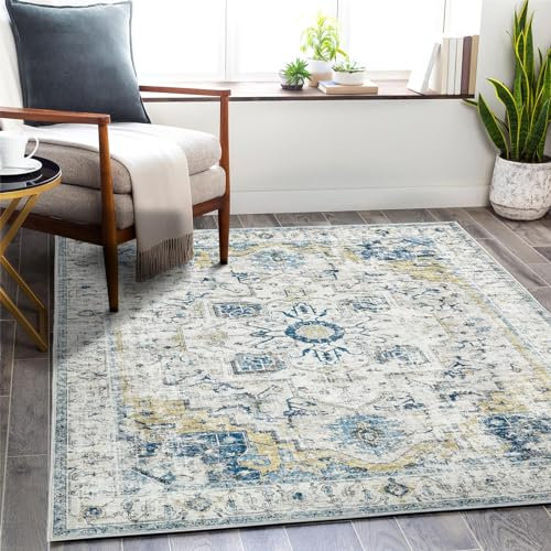 TOPICK Teppich 120x180cm Hellblau Floral Faltbar Waschbar Superdünne Vintage Blumenteppich Kurzflor Orientalischer Küchenteppich für Innenbereich Schlafzimmer Wohnzimmer Esszimmer Büro Flur