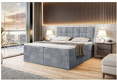 MEBLINI Boxspringbett mit Bettkasten - Gepolstert Doppelbett mit Matratze und Topper - Polsterbett mit Stauraum - Bett mit Kopfteil - Stauraumbett - Drago - 180x200 - H3/Grau Samt