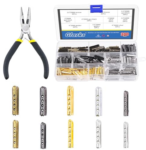 GLARKS Lot de 301 embouts en métal pour lacets, 4 couleurs, 3 tailles, pince à bec plat incluse, Noir