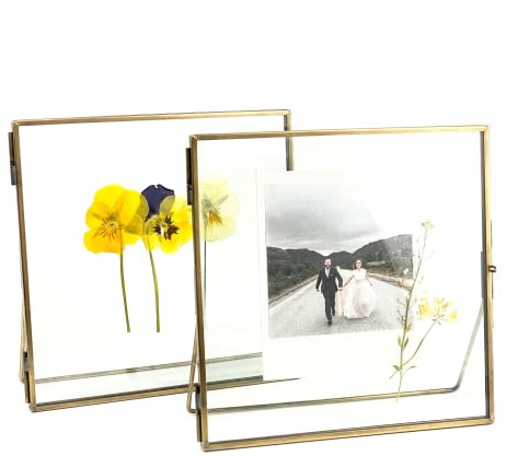 Beedecor Double Glass Frame for Pressed Flowers, Leaf and Artwork,Bronze 6x6 Standing Square Metal Picture Frames, Set of 2 Pressed Flower Frames with Stand (Antique bronze, 6x6)