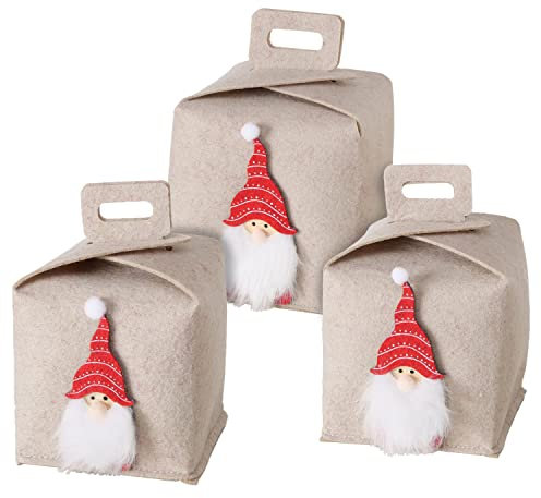 MamboCat 3tlg Set Geschenboxen Jesper Punkte I Präsent-Tasche aus beigefarbenem Filz mit Wichtel-Motiv I Weihnachts-Tüte zum Befüllen, Verpackung für Kleinigkeiten I Nikolaus, Santa, Weihnachtsmann