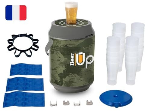 BEER UP PLUS décor Nature - Tireuse à bières portative - 20 verres + Ceinture porte verres - fûts Beertender - 20h de froid sans électricité - remplissage par le fond des verres