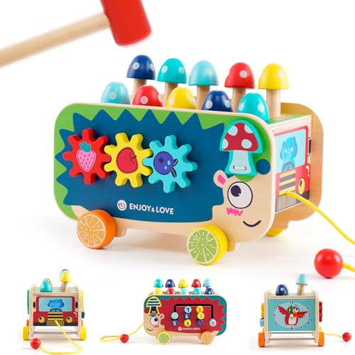 Jouet Montessori en Bois,3 en 1 Jeux Educatif avec 1 Marteau, Horloge, Engrenages, Labyrinthe de Chiffres et Corde à Tirer, Jouet Bebe 1 an Ans et Plus, Jeux Motricite Bebe1 2 3 4 Ans