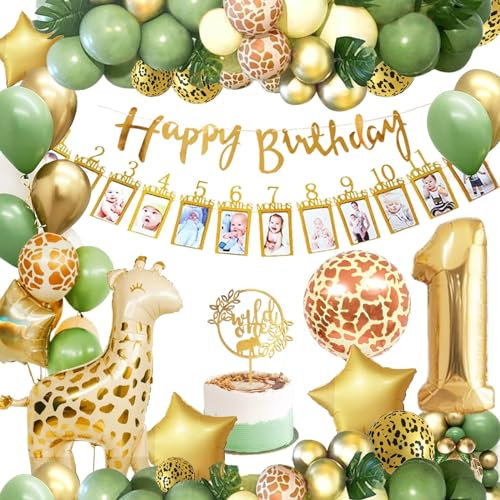 Dargds Deko 1. Geburtstag Junge Mädchen,Geburtstagsdeko 1 Jahr Junge,Dschungel Kindergeburtstag Deko 1 Jahr mit Safari Luftballon 1. Geburtstag für Kinder Wild One Erster Geburtstag Deko…