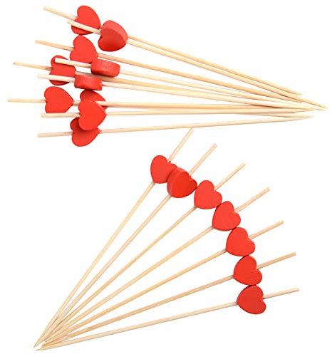 KEYIDO 100 Counts Red Heart Cocktail Sticks, Handmade Wooden Cocktail Skewers, Appetizer Fruit Finger Food Picks for Christmas Valentine's Day Mother's Day Wedding Birthday Party Decorations