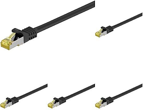 goobay 92650 RJ45 Patchkabel mit CAT 7 Rohkabel, doppelt geschirmt, S-FTP bis 600 Mhz, halogenfrei, Kupfer Kabel Stecker, vergoldete Kontakte, 1,5m, Schwarz (Packung mit 5)