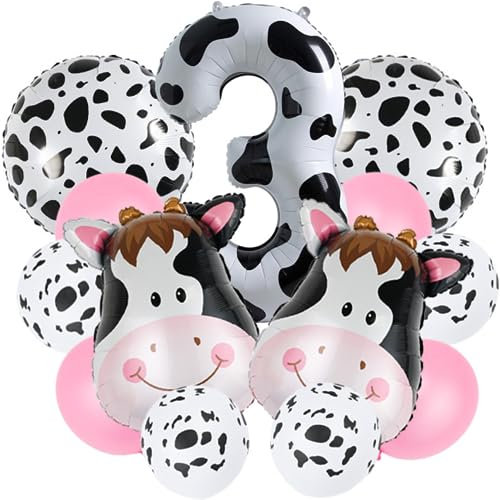 DIWULI Geburtstagsdeko Kuh 3 Jahre - Kuh Deko Ballon Set, Zahlen-Ballon Zahl 3 Luftballon gefleckt, Helium Groß Dekoration Junge Mädchen, Land, Landwirtschaft, Bauernhof Weiß Schwarz Rosa Cowboy