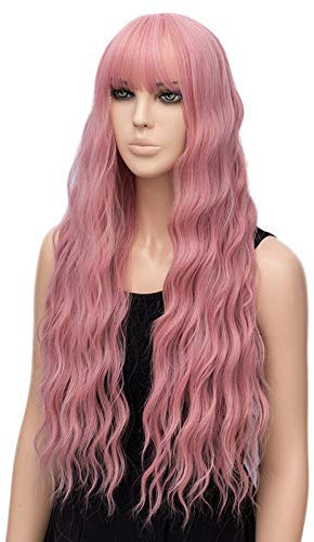 Parrucca accessori per feste naturali ragazze rosa sintetiche parrucca da donna lunga qualità parrucca riccia parrucca da uomo festival gadget (rosa, taglia unica)