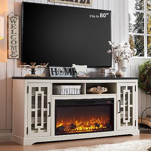 JXQTLINGMU Fireplace TV Stand with 36 Electric Fireplace for 80 Inch TV, Farmhouse 32 Tall Highboy Entertainment Center w/6 Shelves, Modern Media Console w/Storage for Living Room, Distressed White