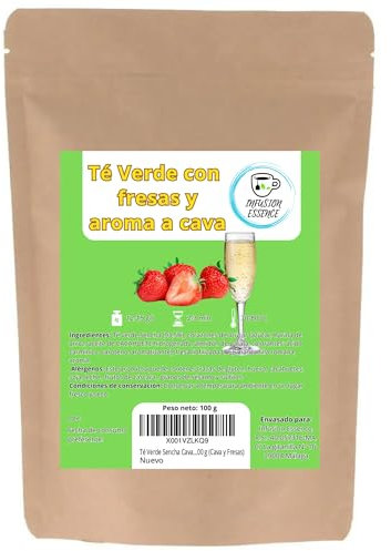 Té Verde Sencha Cava y Fresas I Té antioxidante, energetico y digestivo I Té Verde en Hojas Sueltas (50 tazas) 100 g (Cava y Fresas)