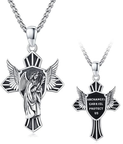 ZIPPICE Saint Gabriel Halskette 925 Sterling Silber Kreuzkette Erzengel Gabriel Anhänger Schild Halskette Amulett Halskette Schmuck für Männer und Frauen 20 + 2 Edelstahl Kette