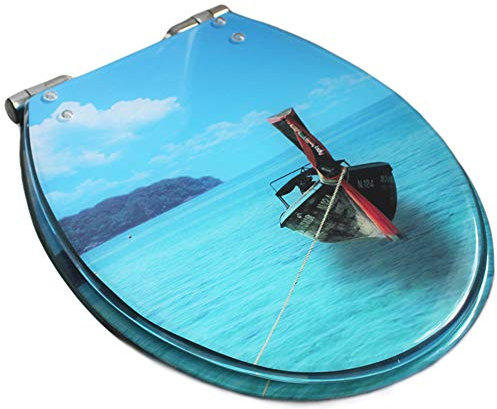 Beautiful Toilet seat Cover Resin Ocean Boat Pattern Design V/U/O-Type Household Universal Slow-Close with Hinge Easy to Install Clean,Blue