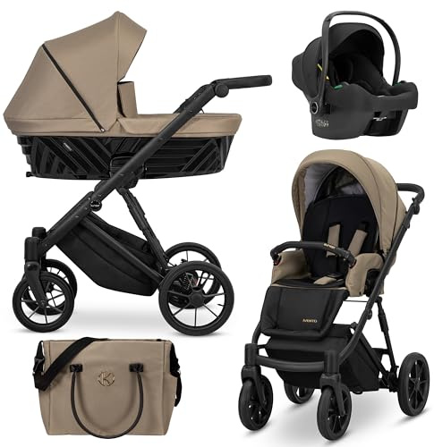 Kunert® IVENTO 3 in 1 Kinderwagen Kombikinderwagen komplettset I incl. Babywanne & Buggy Sportsitz & Auto-Babyschale mit Wickeltasche/Regenschutz +Fußsack I IVE 10 CARAMEL MACCHIATO/BLACK FRAME