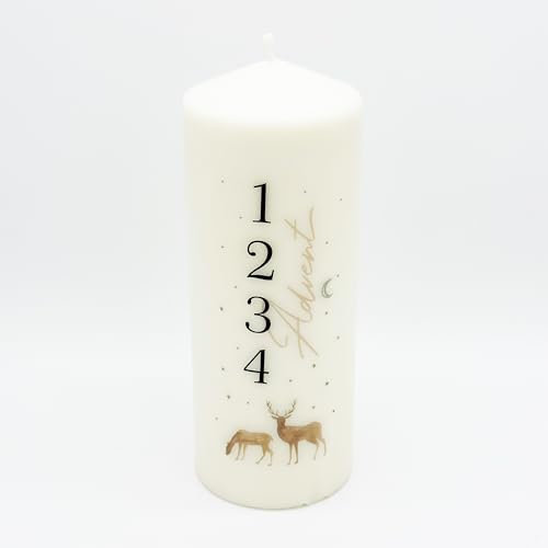 Adventskerze mit winterlichen Motiv Stumpenkerze Spruch Advent mit 1-4 Zahlenmotiv Weihnachtsdeko (Hirsche)
