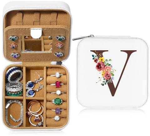 Initiale Schmuckkästchen Kleine Schmuckkästchen mit Namen Initiale V und Blume Schmuckkästchen Travel Organizer Box mit Spiegel für Damen Mädchen Geschenk für Geburtstage, Weihnachten, Muttertag