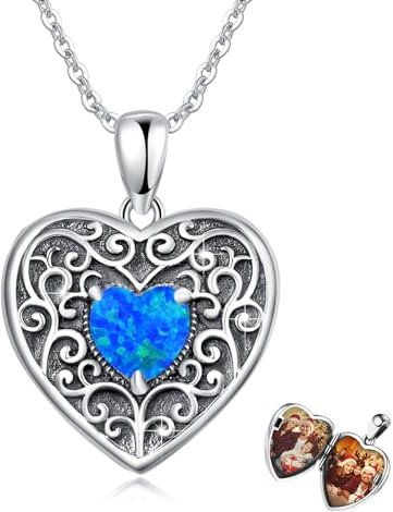 Waysles Herz Medaillon Kette Damen 925 Sterling Silber Blau Opal Medaillon Herz Amulett zum Öffnen 2 Fotos Weihnachtsgeschenke für Freundin Frau Mutter Love You Forever