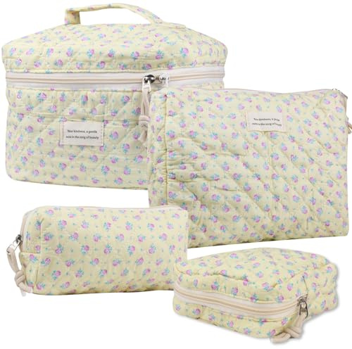 VIWIME Beauty case grande in cotone trapuntato da viaggio, estetica, graziosa borsa per il trucco floreale, borsa da toilette organizer da donna, 201- Rosa viola/4 pezzi