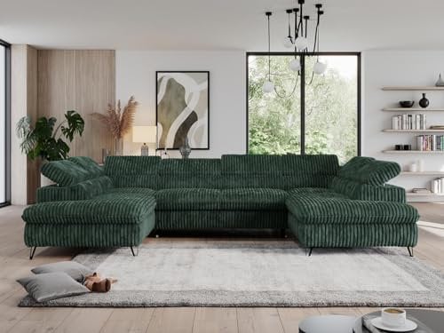 MKS MEBLE Cord Sofa U, Wohnlandschaft U-Form, Ecksofa mit Schlaffunktion und Bettkasten, Schlafsofa mit Bettkasten, Couch mit Verstellbare Kopfstützen - Pedro U - Grün Cord