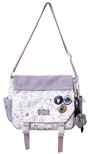 Inshere Borsa a tracolla estetica, graziosa borsa messenger per donne e uomini, borsa kawaii giapponese Y2K con spille carine e ornamenti, Graffiti-viola