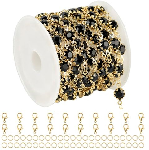 UMAOKANG 3 Meter schwarze Kristallkette für Schmuckherstellung, 18 Karat vergoldete Messingketten, Großpackung für Damen, Halskette, Armband, DIY-Schmuckzubehör