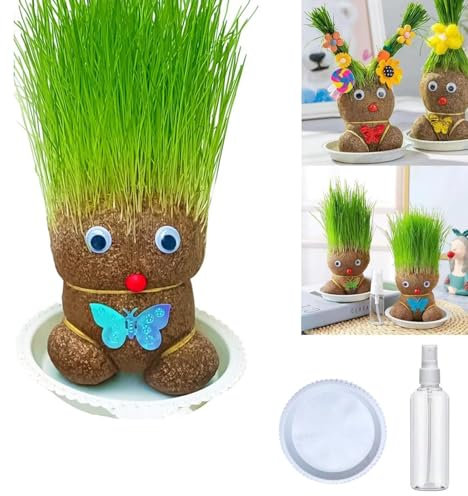 LXCJZY Grass Head Doll, Grass Head Plant Growing in Mini Bonsai Pot, Cat Grass Doll, Cultivate Children’s Planting Ability, Plant with Trays & Spray Bottles (grass doll)