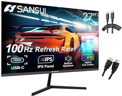 SANSUI 27 Inch Monitor with Built-in Speakers, IPS USB Type-C 100 Hz FHD 1080P HDMI DP HDR10 Game RTS/FPS Tilt Adjustable VESA Compatible for Working Gaming(ES-27X3 Type-C & HDMI Cable Included)