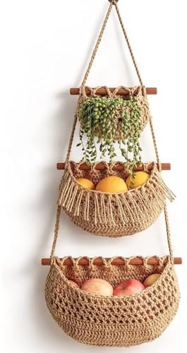 Sonhomay Fruit Basket 3 Tier Wall Hanging Basket for Fruit & Vegetable Storage Jute Rope Woven Wall Hanging Produce Storage Basket with 2 Hooks for Kitchen Bedroom Bathroom
