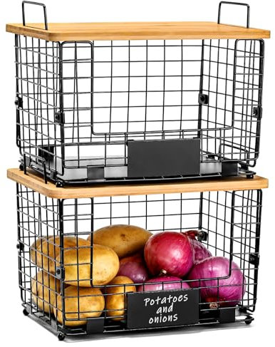 2 Set XL Stackable Wire Basket with Bamboo Tops & Tags- Pantry Organizer and Storage Bins, Kitchen Counter Cabinet Shelf Countertop Under Sink Organizing, Food Snack Produce Onion Potato Bread Storage