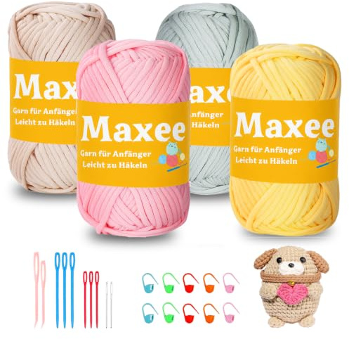 Maxee Häkelgarn für Anfänger, 200g (50gx4 Farbe) Kein Geteiltes Garn, Dickes Garn Baumwolle zum Häkeln, Häkeln Amigurumi Wolle, Klobiges Baumwollgarn Einfaches Strickgarn zum Häkeln Stricke